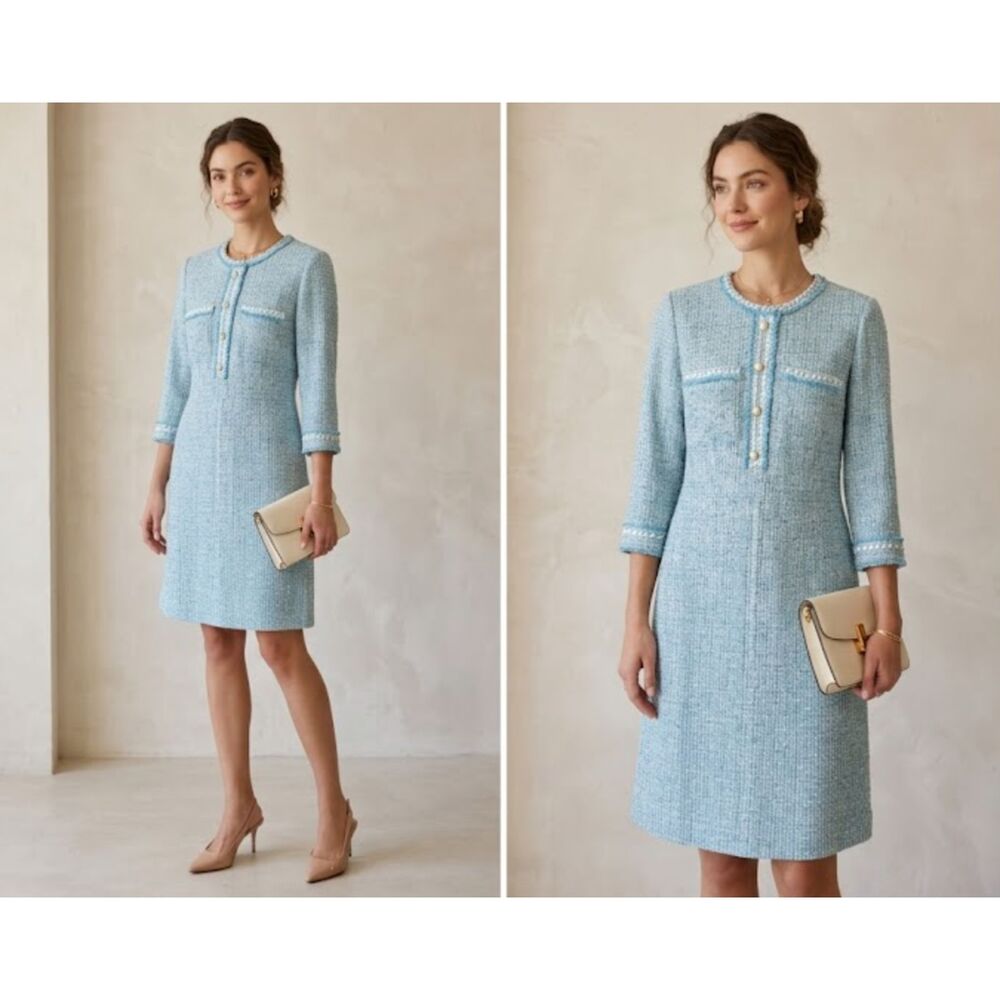 Jill Stuart New York Blue Tweed Sheath Dress Pearl Buttons ¾ Sleeve Size XS - 2